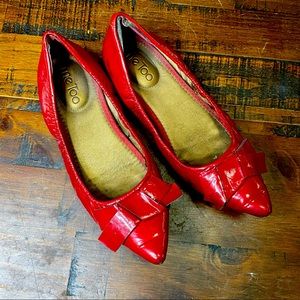 Ruby red patent leather ballet flats me too